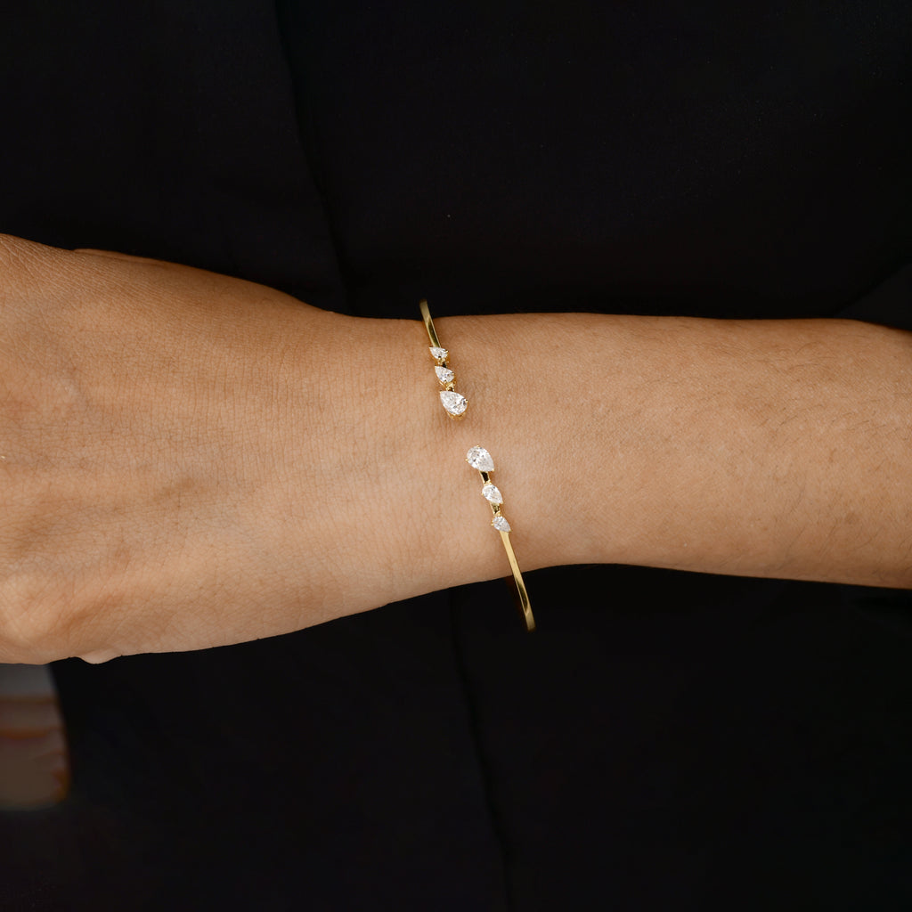 Delicate Pear Cut Natural Diamond Fine Gold Bangle Bracelet