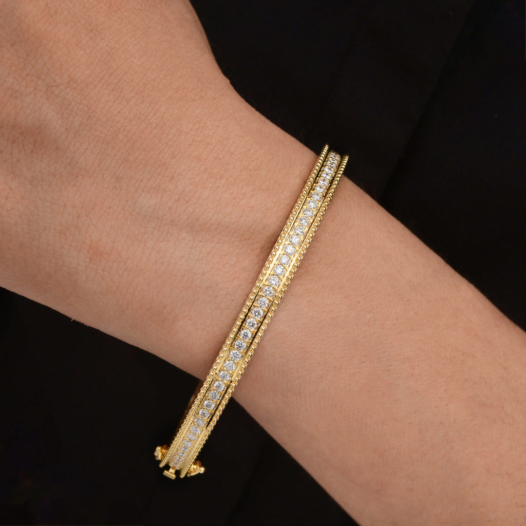 Certified Fine Gold Natural Pave Diamond Bangle Bracelet