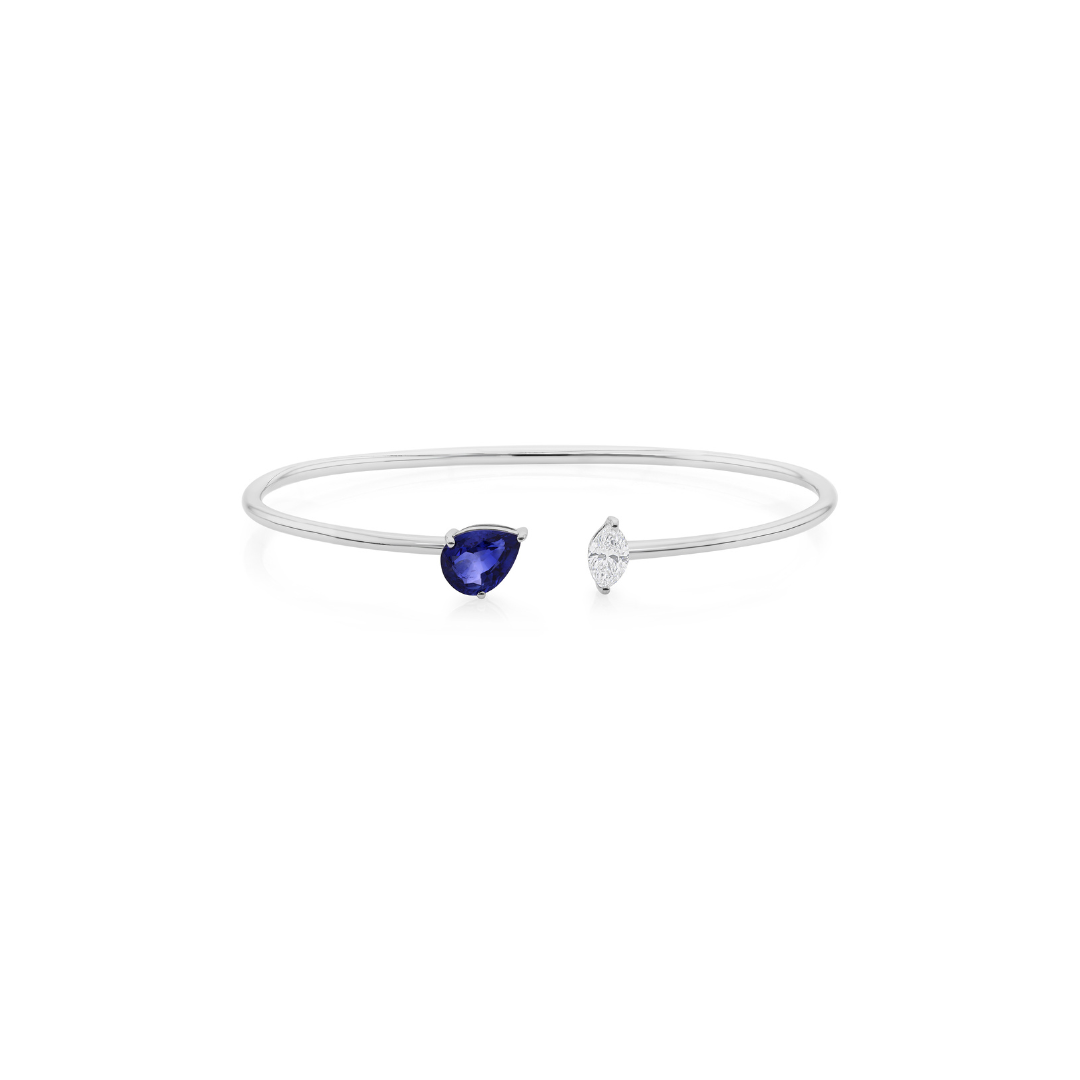 Delicate 1.71Ct Gold Two Stone Mixed Cut Blue Sapphire Diamond Open Cuff Bracelet