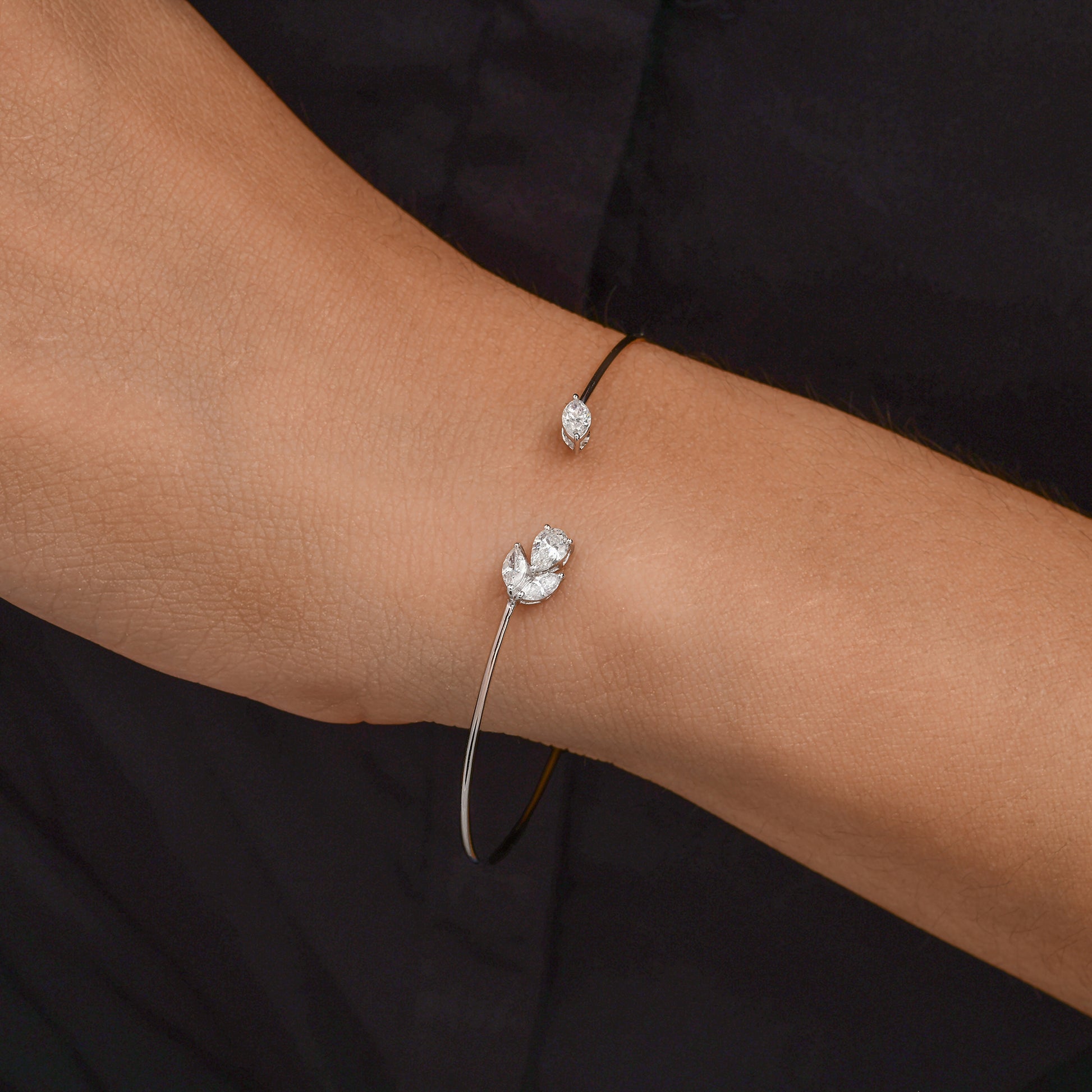 Pear Marquise Diamond Open Cuff Design Fine Gold Bracelet