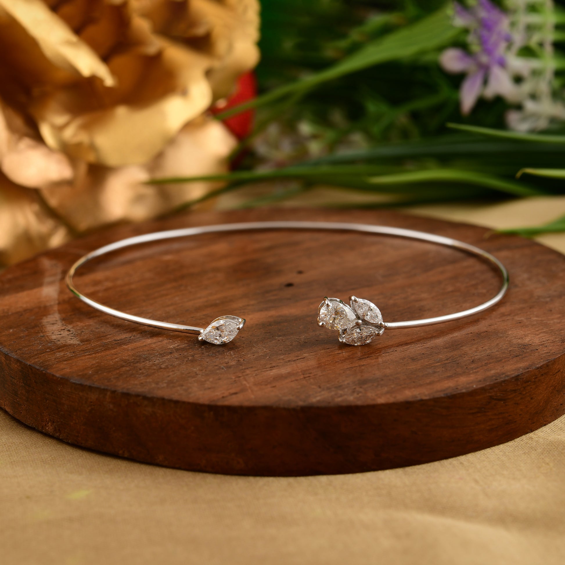 Pear Marquise Diamond Open Cuff Design Fine Gold Bracelet