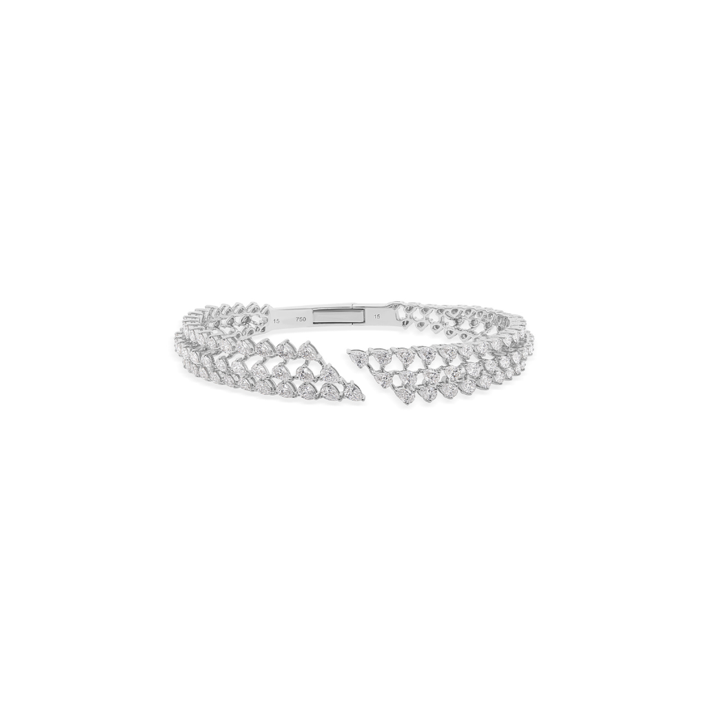 Triple Row Open Cuff Pear Cut Natural Diamond Fine Gold Bracelet