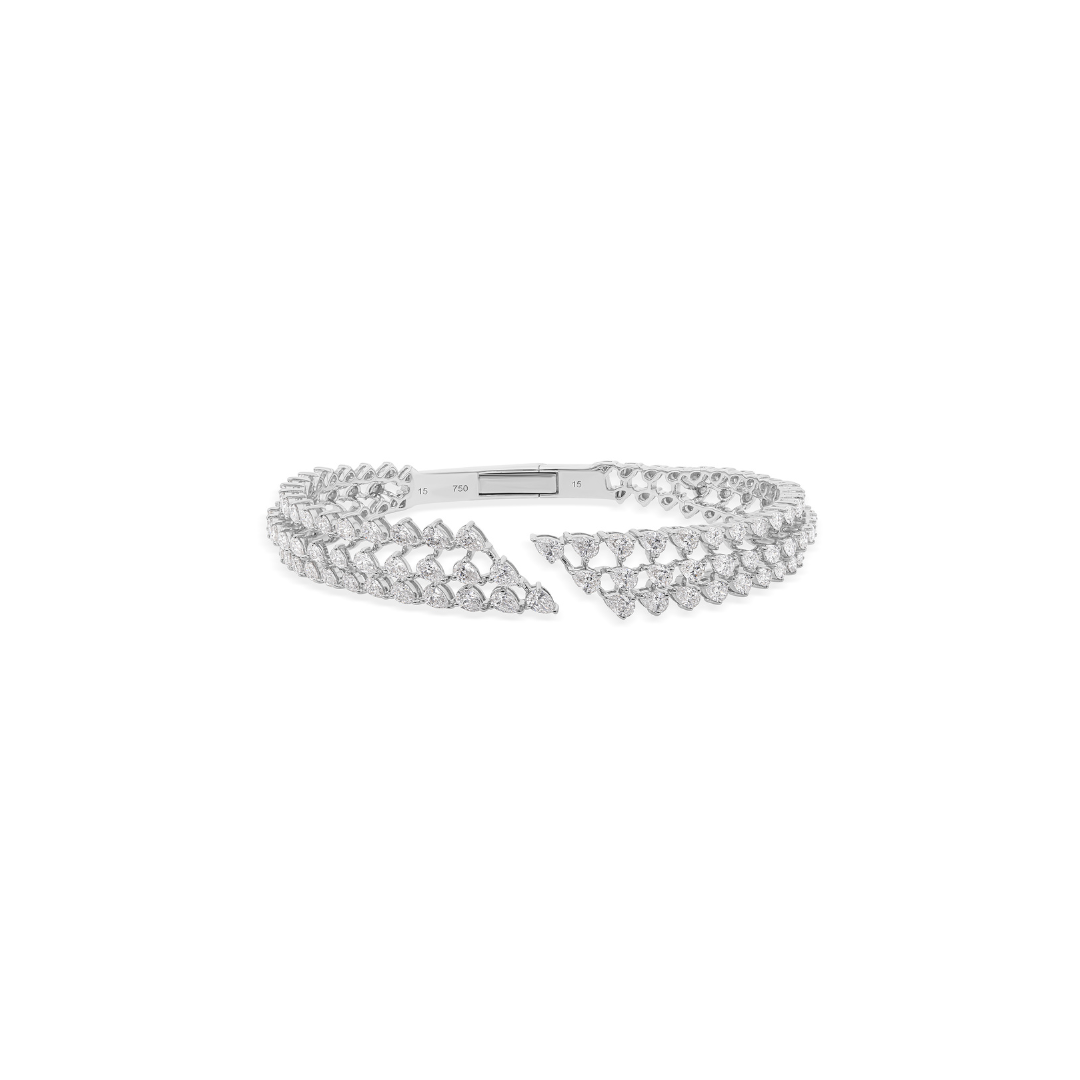 Triple Row Open Cuff Pear Cut Natural Diamond Fine Gold Bracelet
