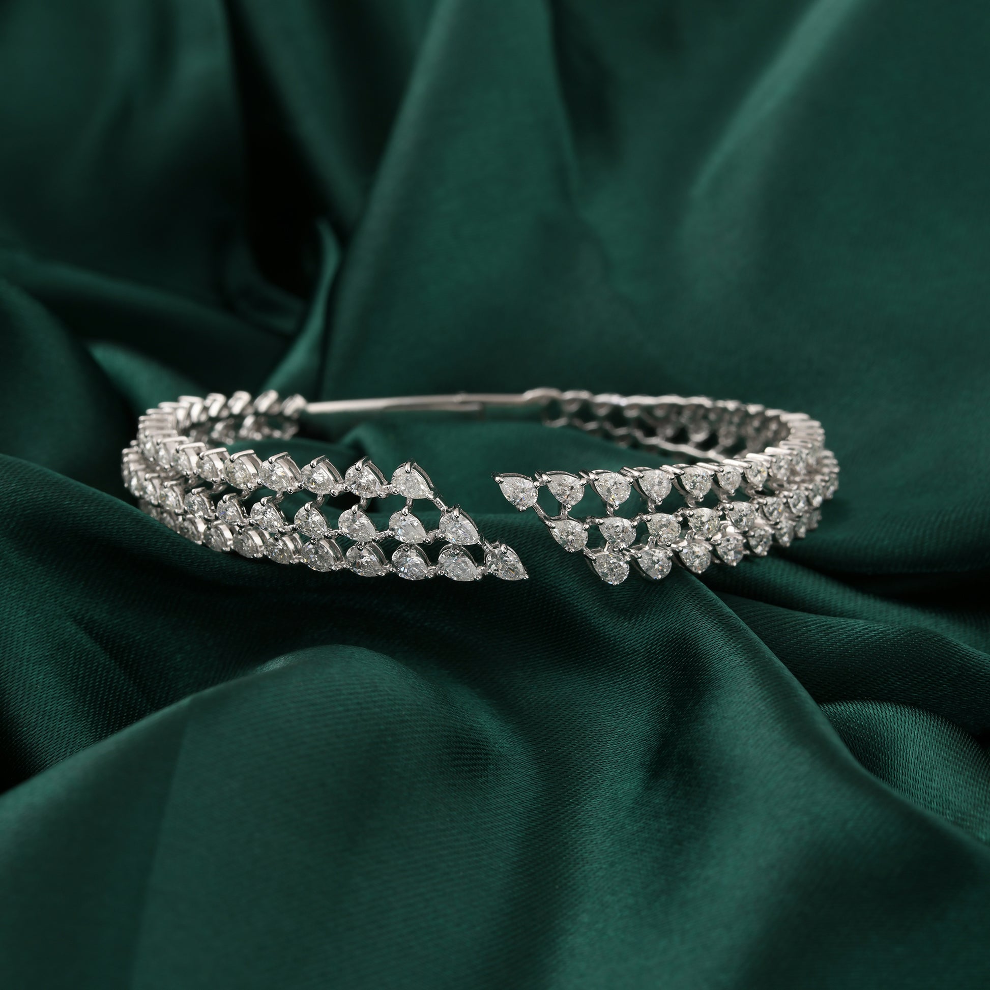 Triple Row Open Cuff Pear Cut Natural Diamond Fine Gold Bracelet