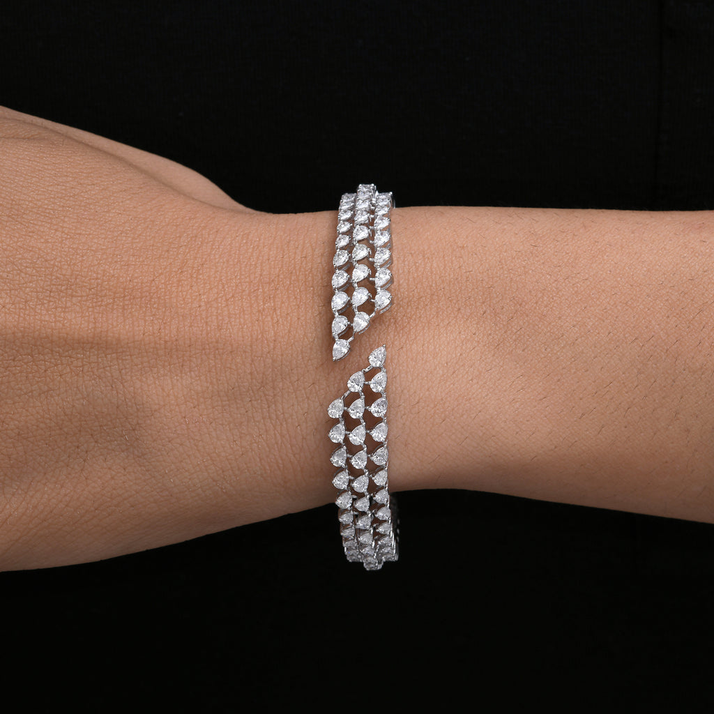 Triple Row Open Cuff Pear Cut Natural Diamond Fine Gold Bracelet