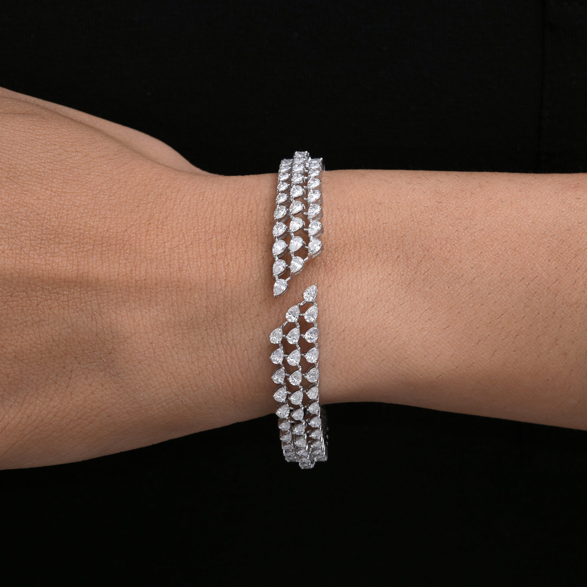 Triple Row Open Cuff Pear Cut Natural Diamond Fine Gold Bracelet