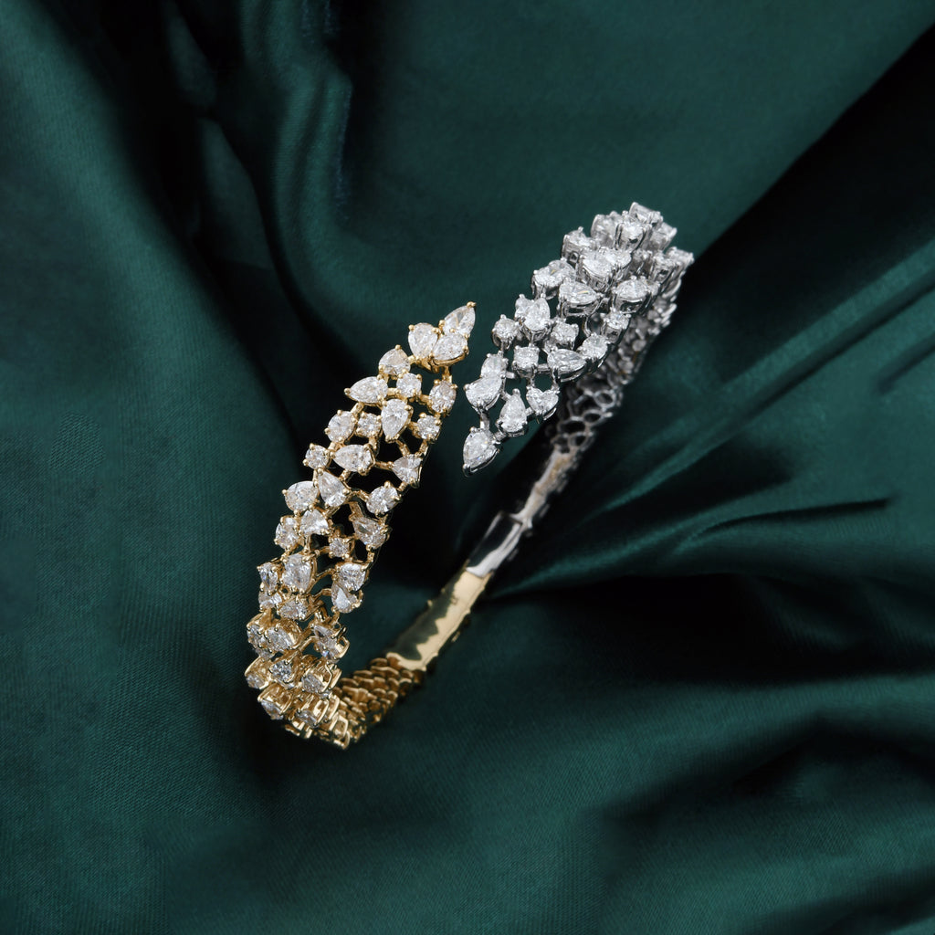 Handcrafted Dual Tone Natural Diamond Leaf Cuff Cluster Bracelet