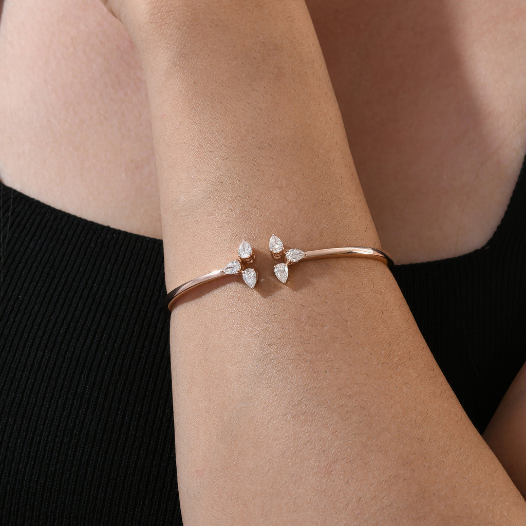 Minimal Pear Cut Natural Diamond Open Front Cuff Bracelet
