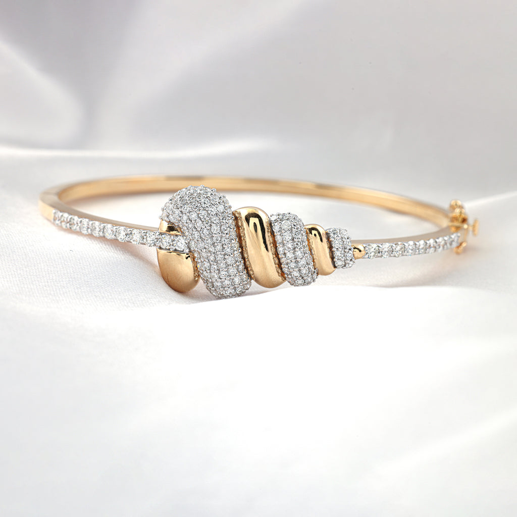 Exclusive Fine Gold Diamond Knot Design Bangle with Pave Diamond Accents
