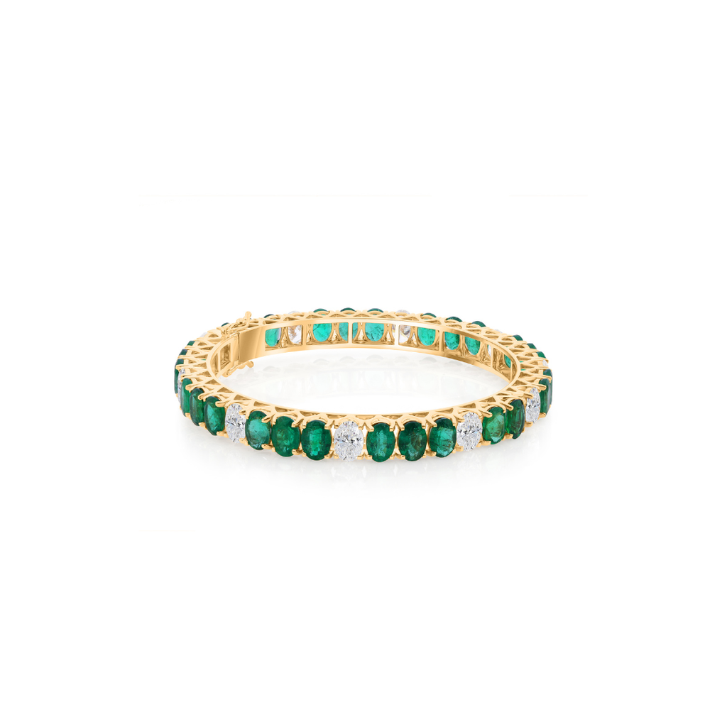 Genuine Oval Cut Emerald Diamond Statement Fine Gold Bangle
