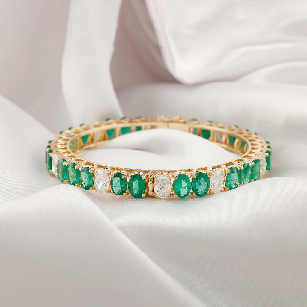 Genuine Oval Cut Emerald Diamond Statement Fine Gold Bangle