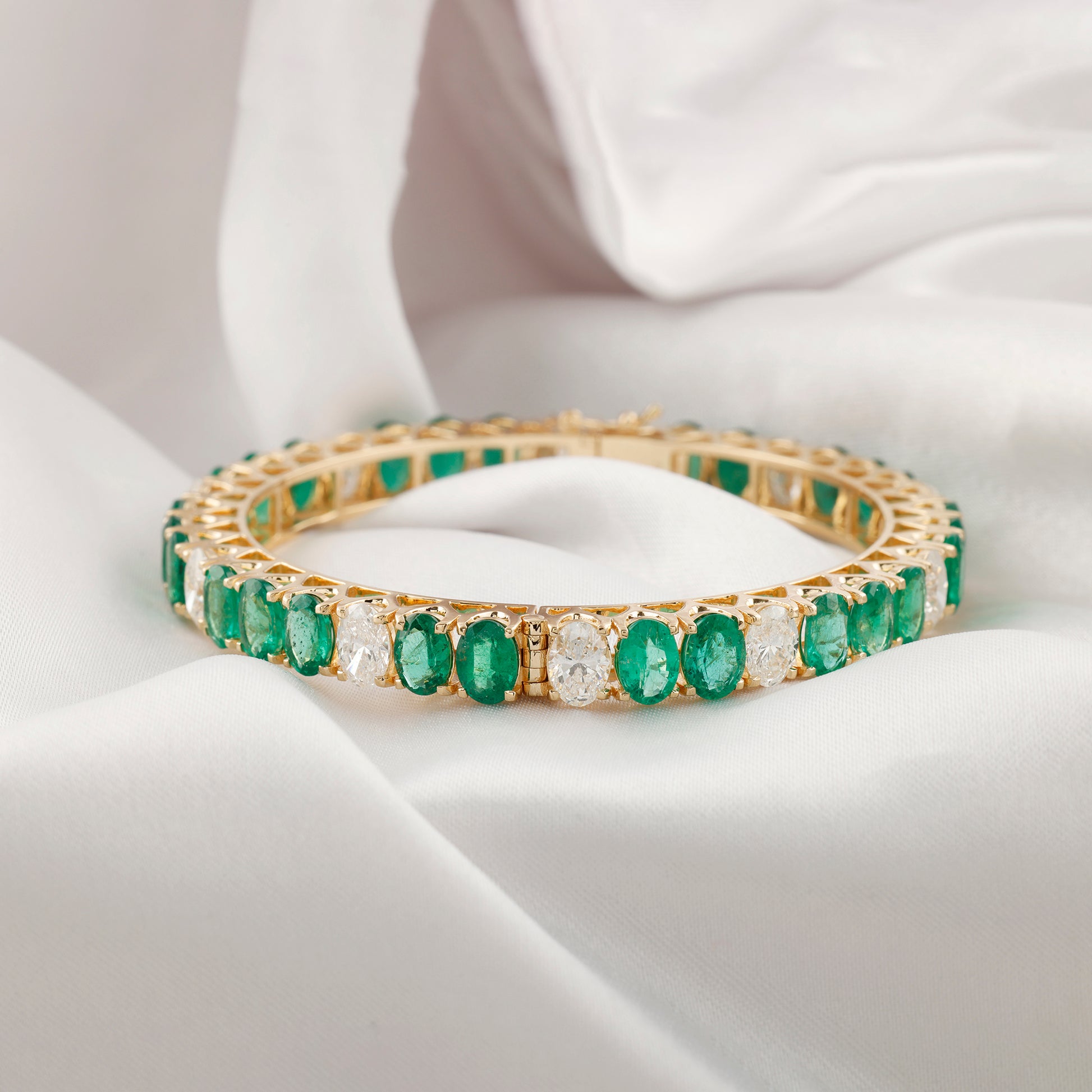 Genuine Oval Cut Emerald Diamond Statement Fine Gold Bangle