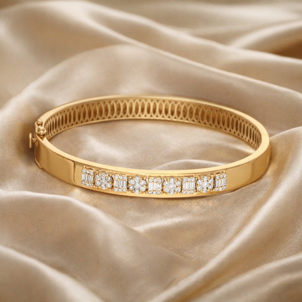 Round Baguette Diamond Wedding Bangle 14K Gold Certified