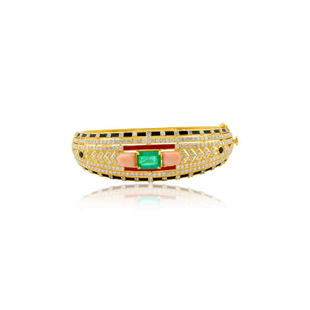 Round Cut Diamond Multi Gemstone Enamel Fine Gold Bangle