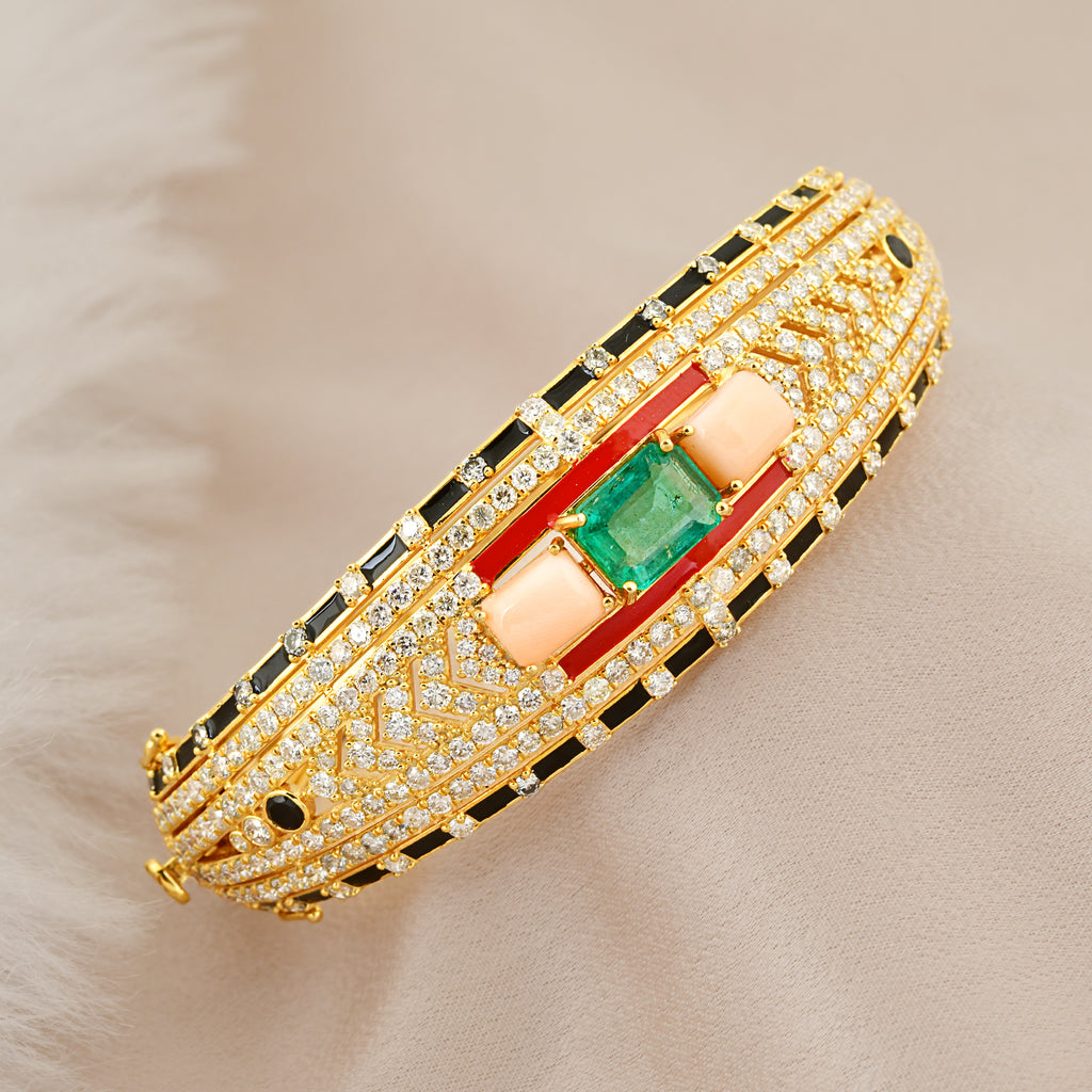 Round Cut Diamond Multi Gemstone Enamel Fine Gold Bangle