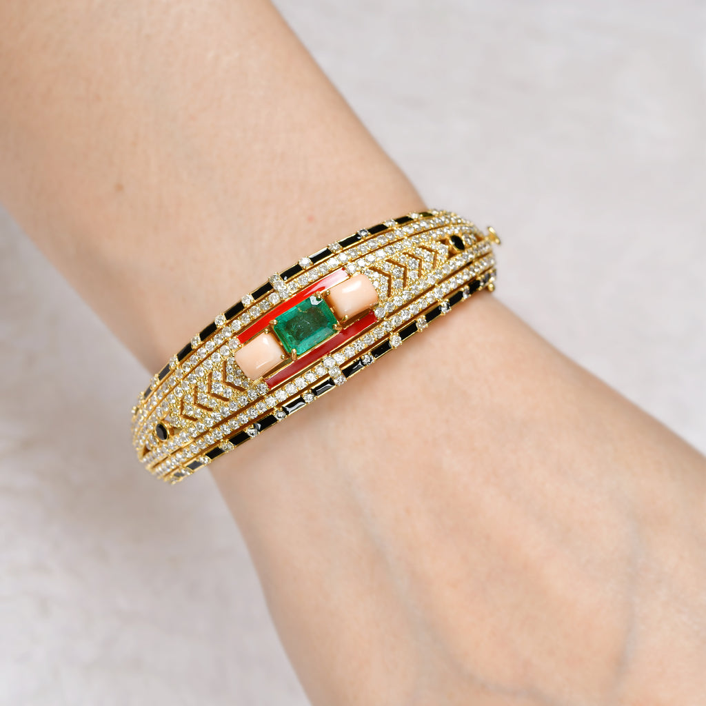 Round Cut Diamond Multi Gemstone Enamel Fine Gold Bangle