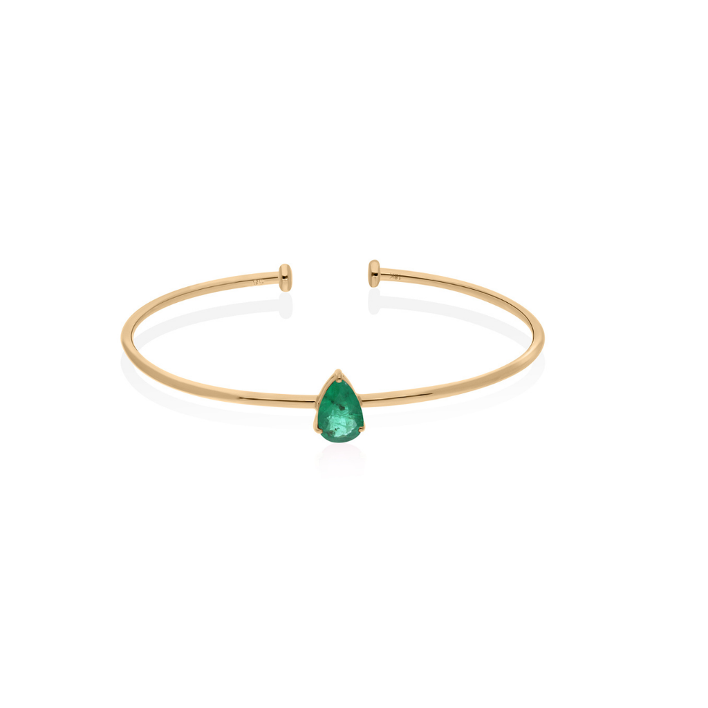 Solitaire 1.13Ct Pear Cut Zambian Emerald Gold Open Cuff Bangle Bracelet