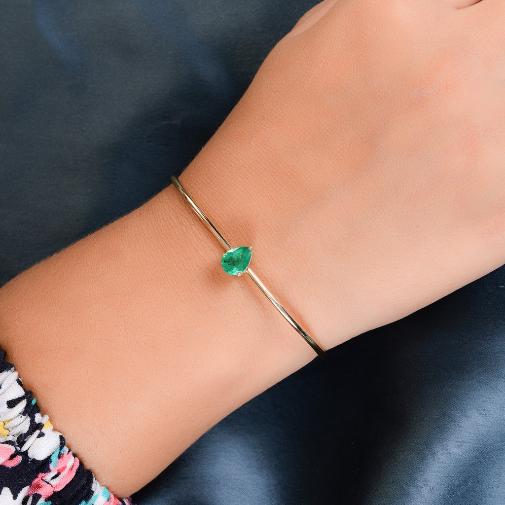Solitaire 1.13Ct Pear Cut Zambian Emerald Gold Open Cuff Bangle Bracelet