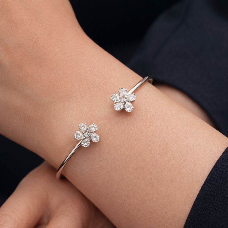 Minimalist Floral Natural Diamond Open Cuff Bracelet in Fine Gold