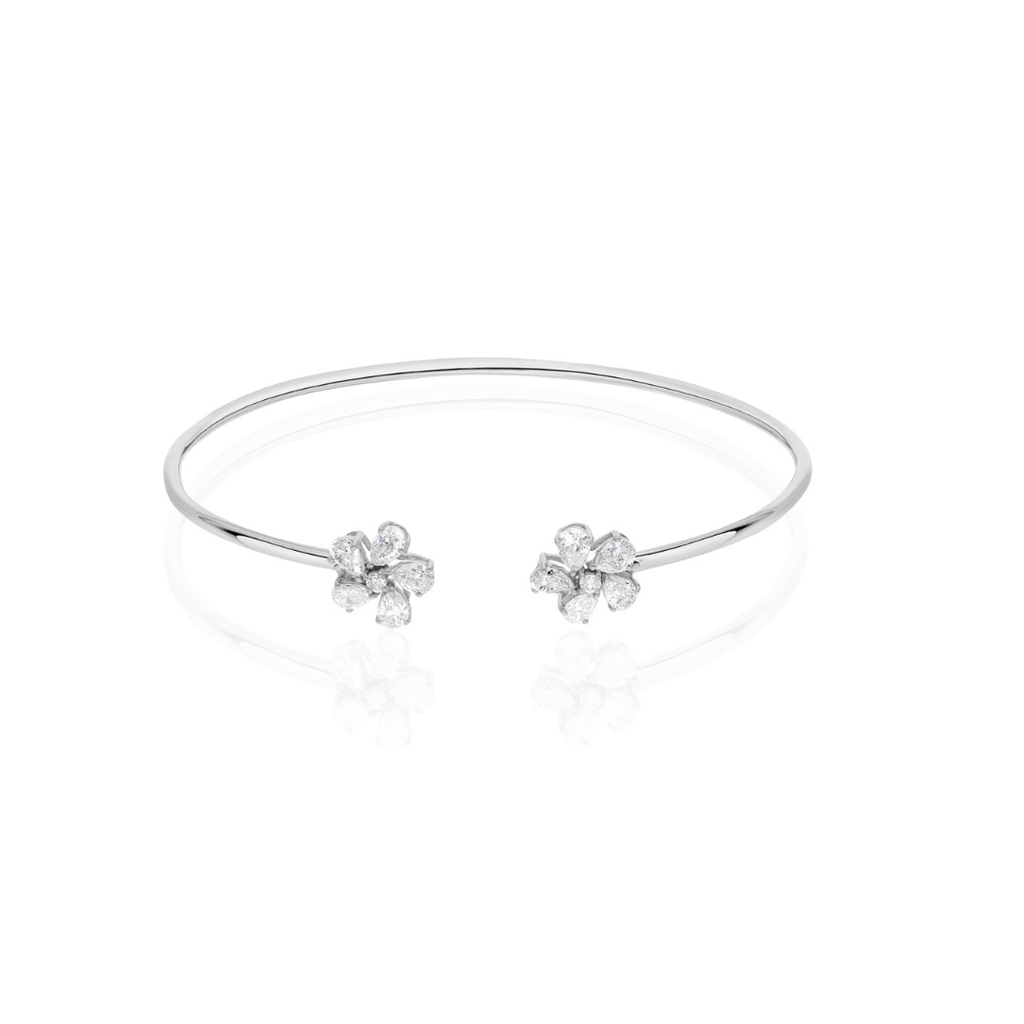Minimalist Floral 1.36Ct Diamond Open Cuff Bangle Bracelet In Fine Gold