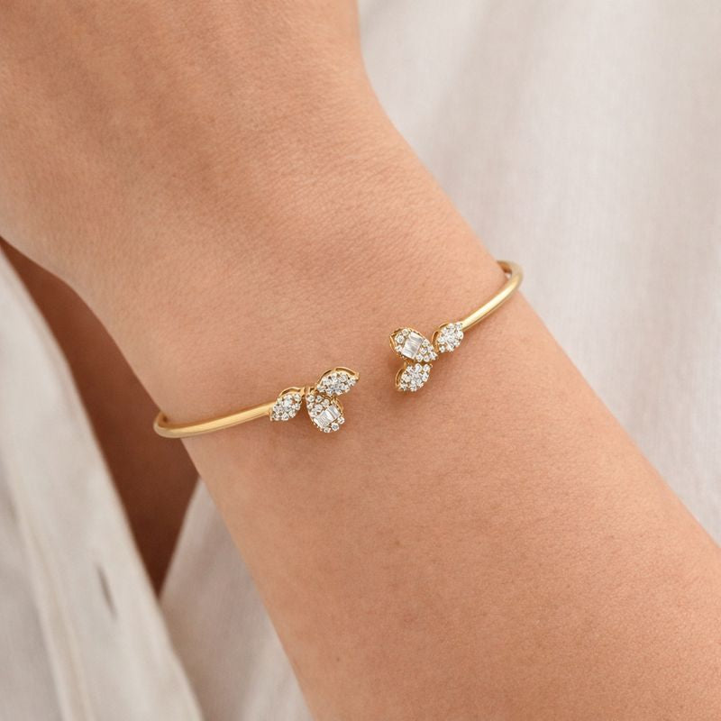 Minimalist Natural Round Diamond Open Cuff Leaf Motif Bracelet