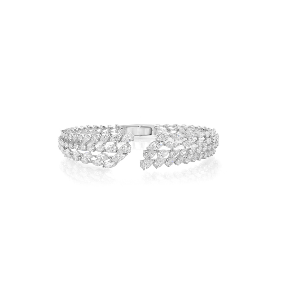Mixed Cut 7.1Ct Triple Layer Natural Diamond Cuff Bangle Bracelet In Fine Gold
