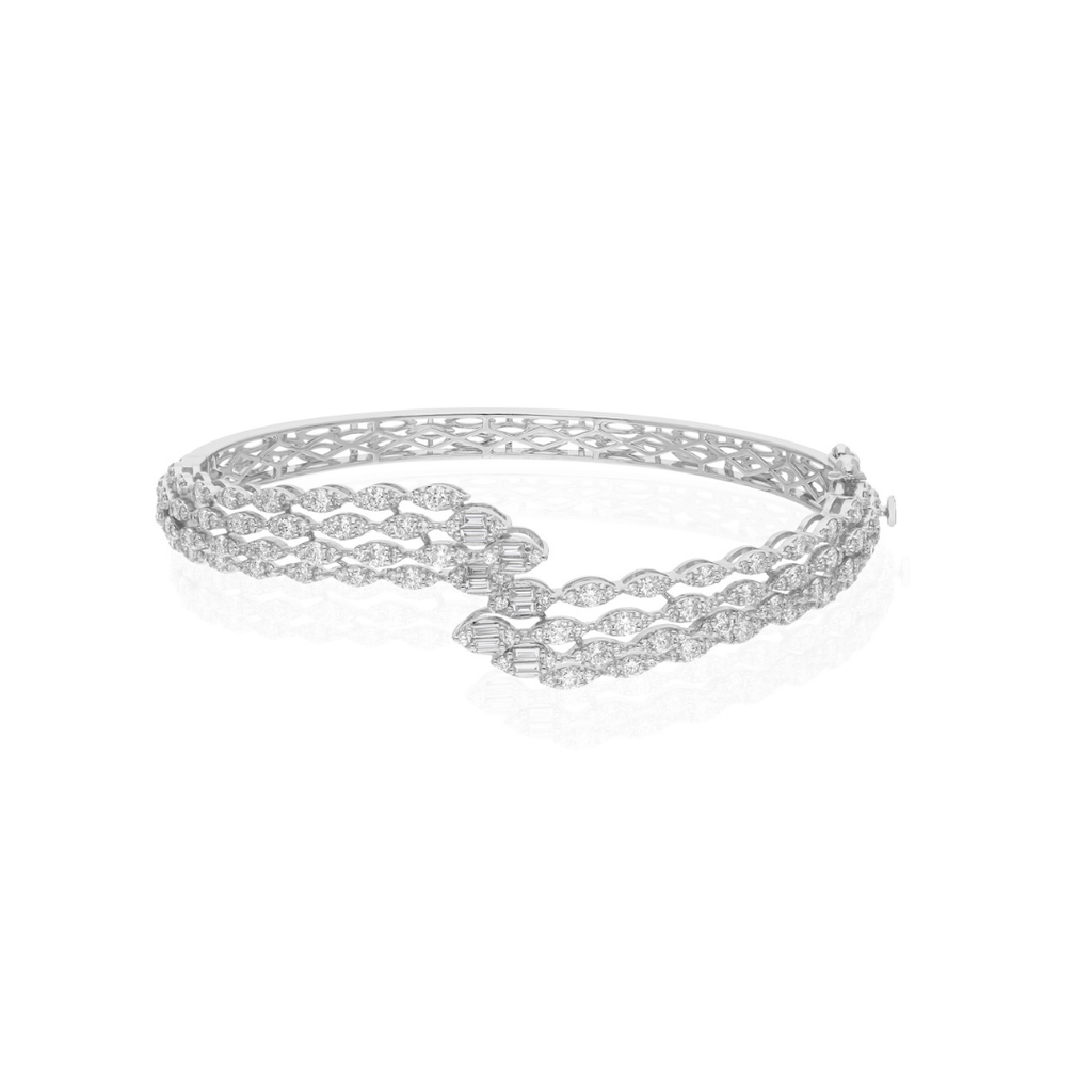 3.06Ct Mixed Cut Natural Diamond Crossover Cuff Bangle Bracelet in Fine Gold