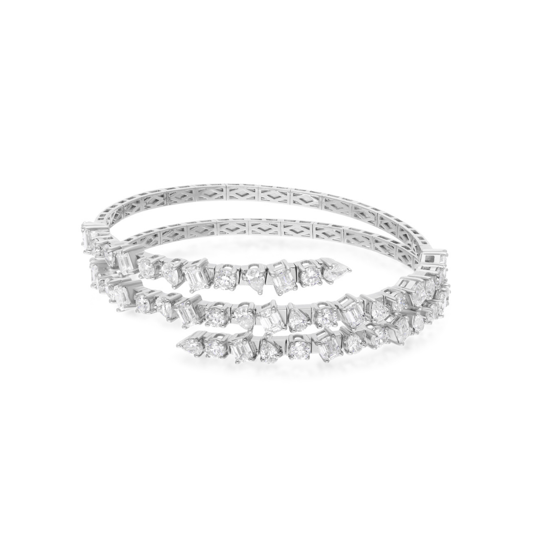 8.19Ct Mixed Cut Double Layer Natural Diamond Open Cuff Bracelet In Gold