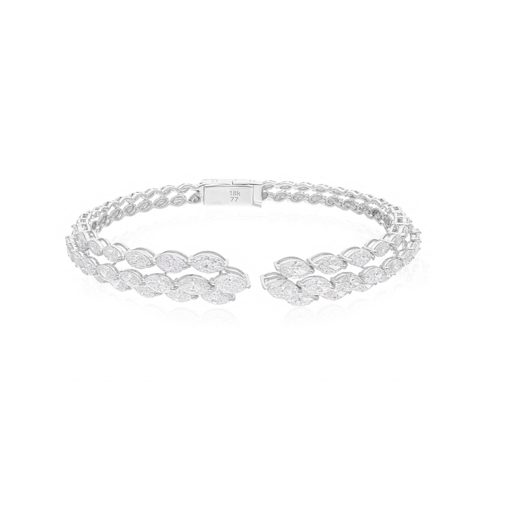 Two Row Marquise Diamond Open Cuff Solid Gold Bangle Bracelet