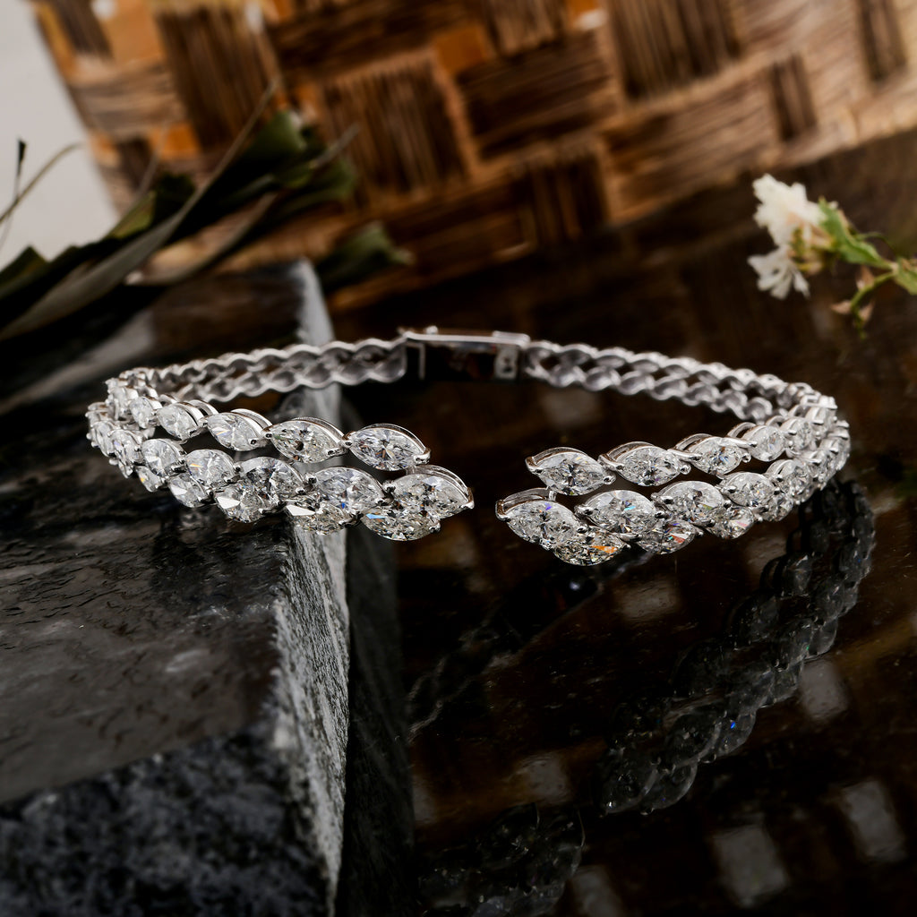 Two Row Marquise Diamond Open Cuff Solid Gold Bangle Bracelet