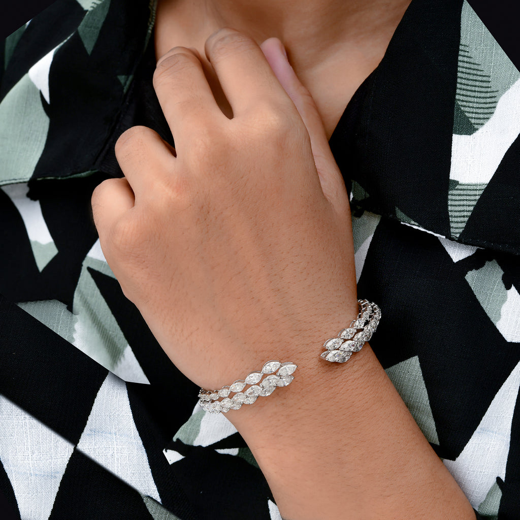 Two Row Marquise Diamond Open Cuff Solid Gold Bangle Bracelet