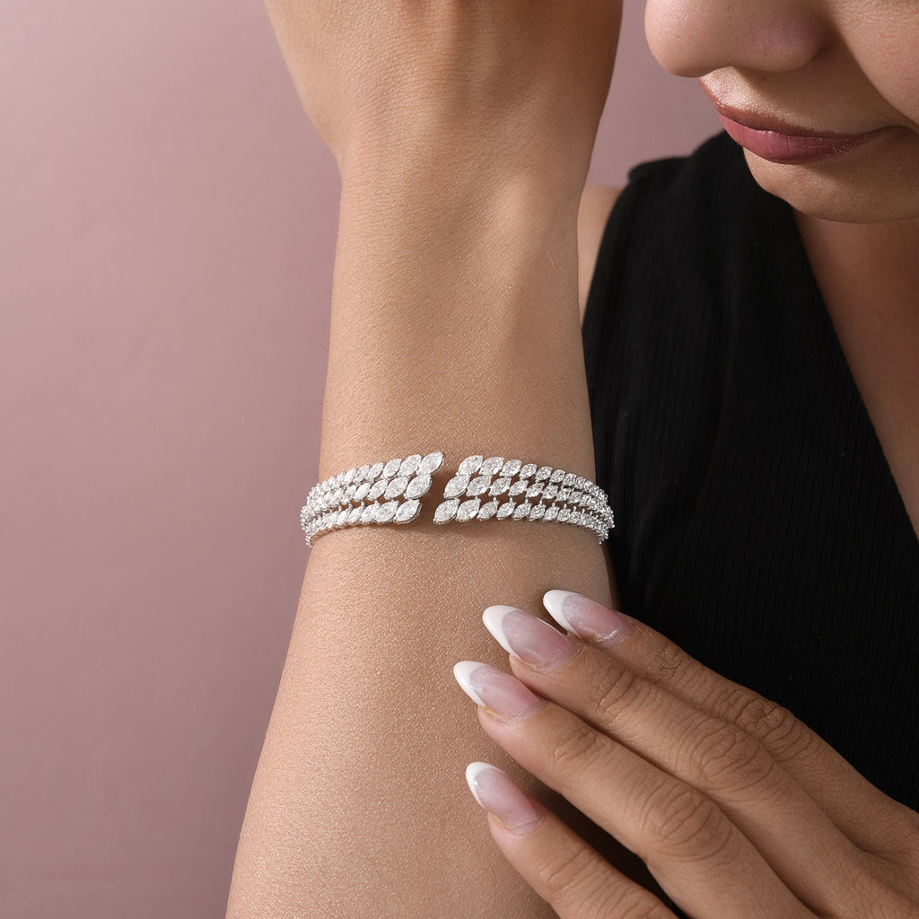 Marquise Diamond Cluster Cuff Bracelet 14K Gold Open
