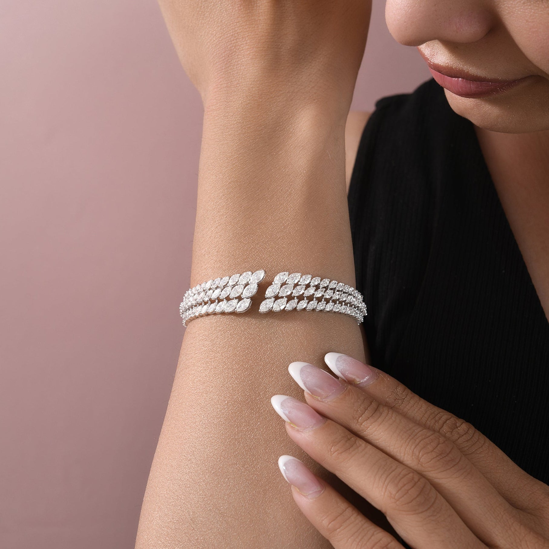 Marquise Diamond Cluster Cuff Bracelet 14K Gold Open