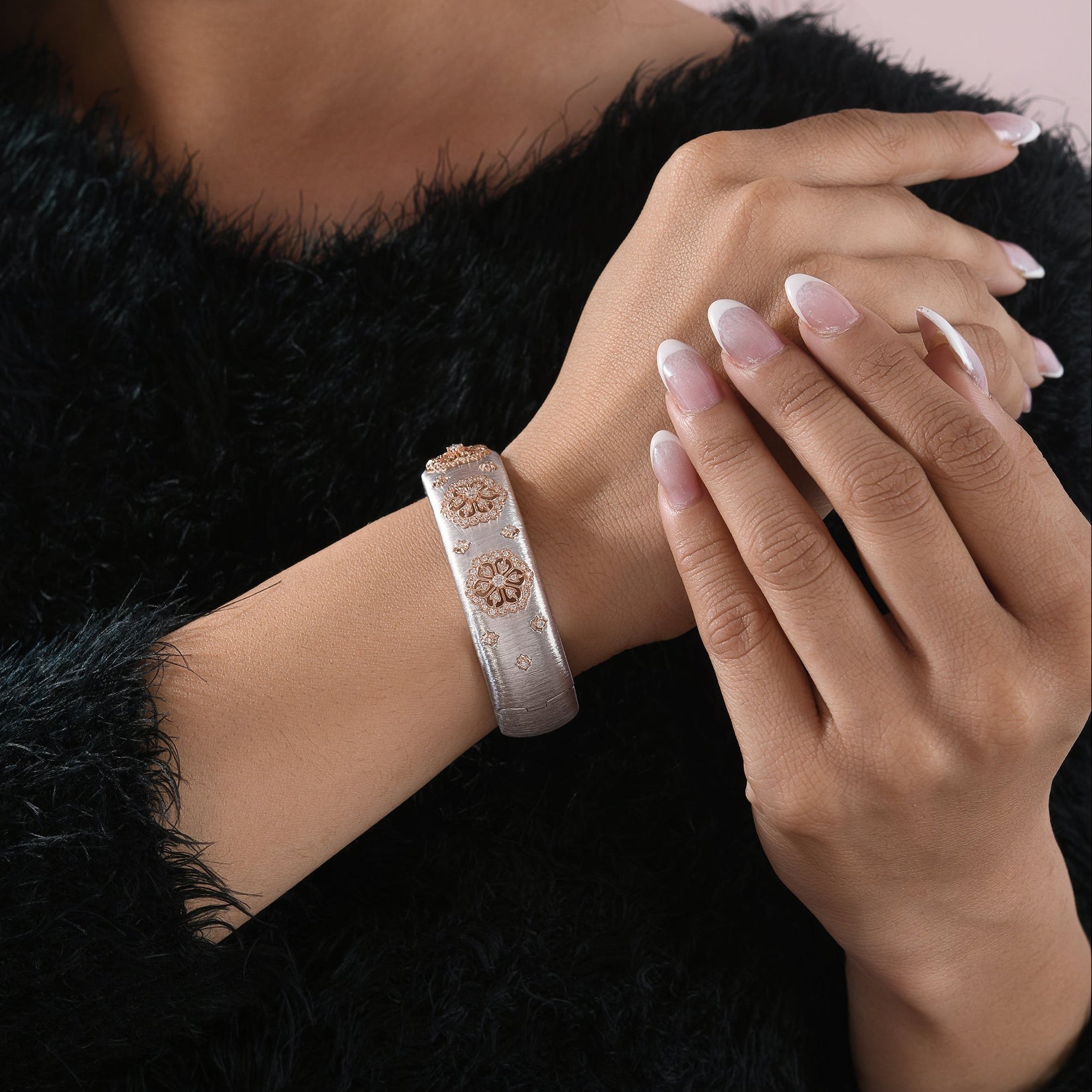 Two Tone Diamond Cuff Bracelet 14K Gold Floral Luxury