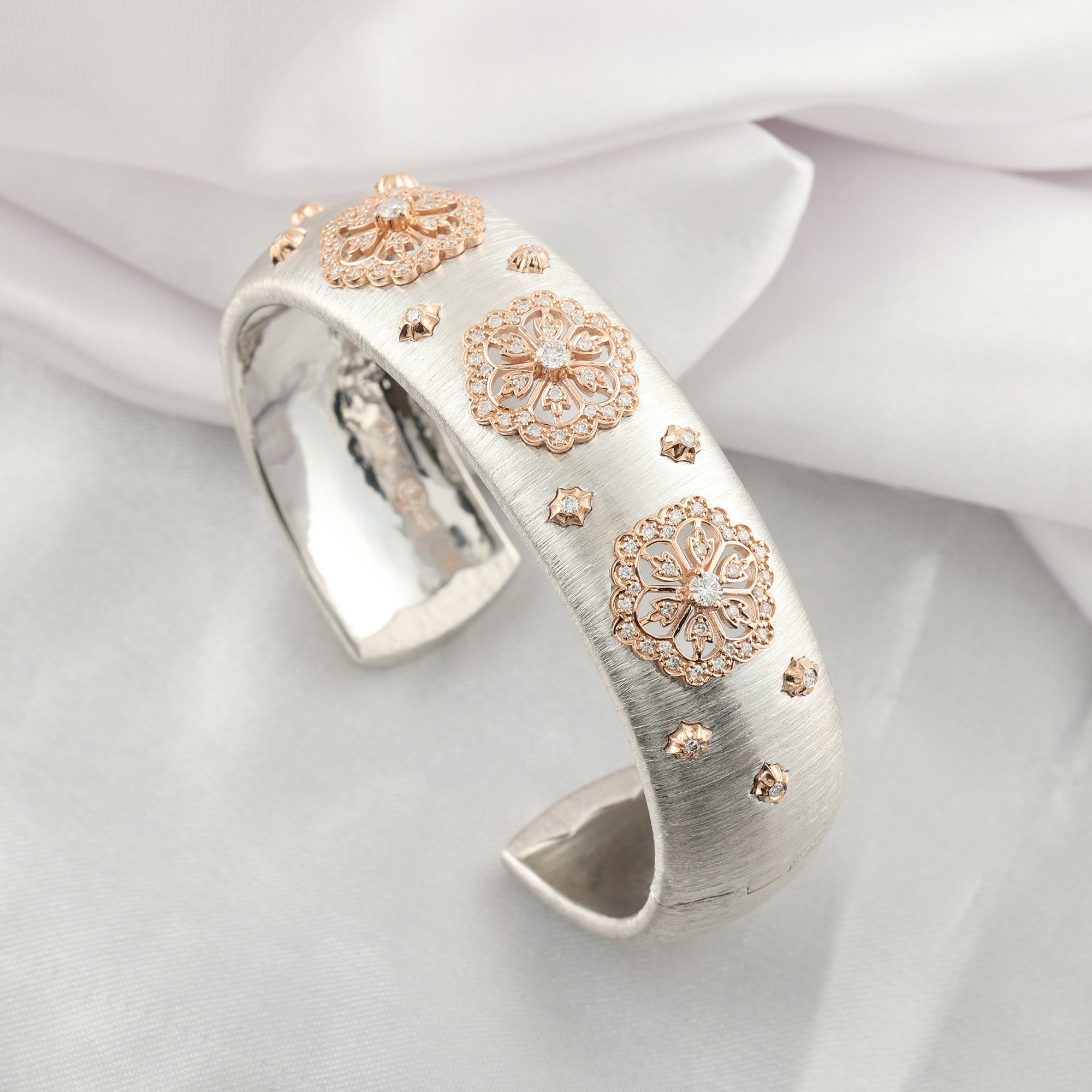 Two Tone Diamond Cuff Bracelet 14K Gold Floral Luxury