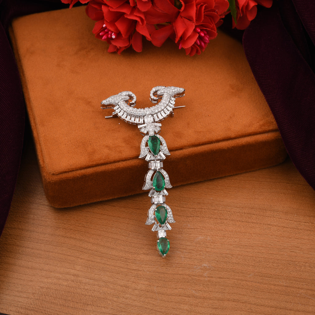 6.93Tcw Zambian Emerald Diamond Wedding Pin Brooch In Solid Gold