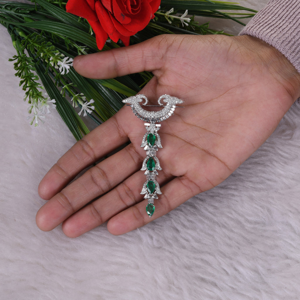 6.93Tcw Zambian Emerald Diamond Wedding Pin Brooch In Solid Gold