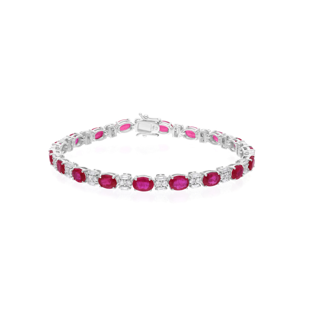 Natural 10.29 Tcw Oval Ruby Gemstone Diamond Gold Tennis Bracelet