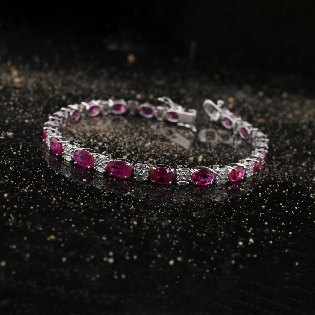 Natural 10.29 Tcw Oval Ruby Gemstone Diamond Gold Tennis Bracelet