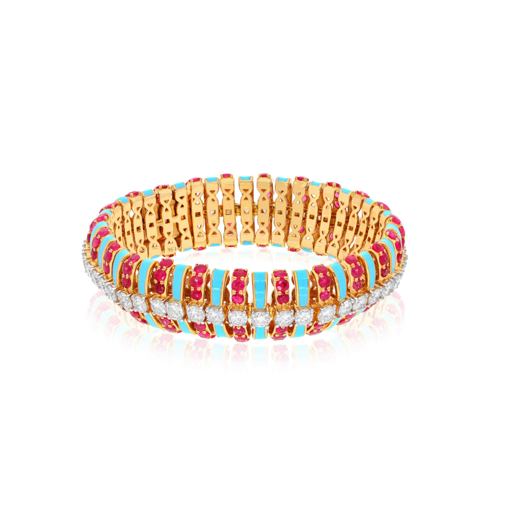Turquoise Enamel Natural Ruby Gemstone & Diamond Gold Bracelet