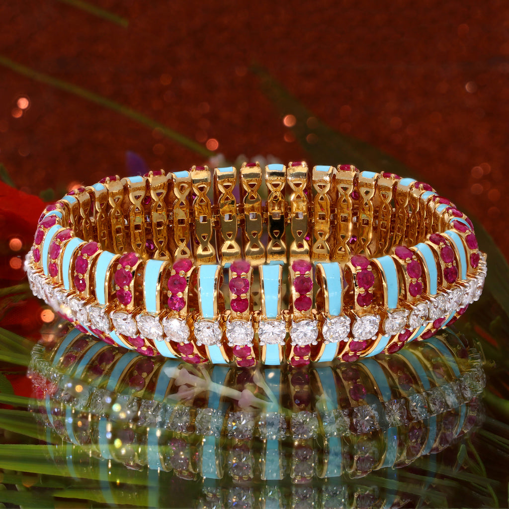 Turquoise Enamel Natural Ruby Gemstone & Diamond Gold Bracelet