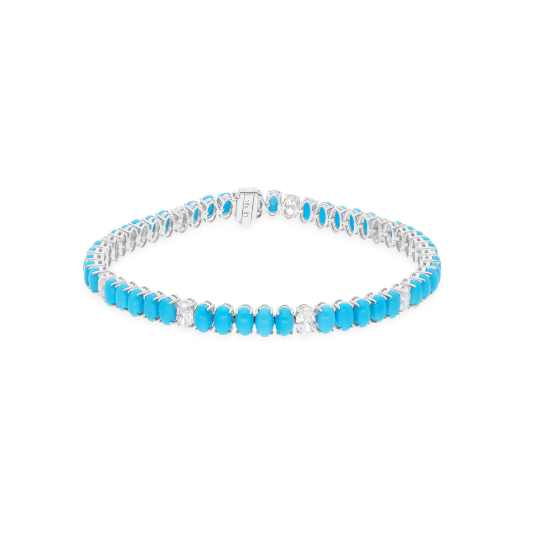 Oval Arizona Turquoise Gemstone Diamond Solid Gold Tennis Bracelet