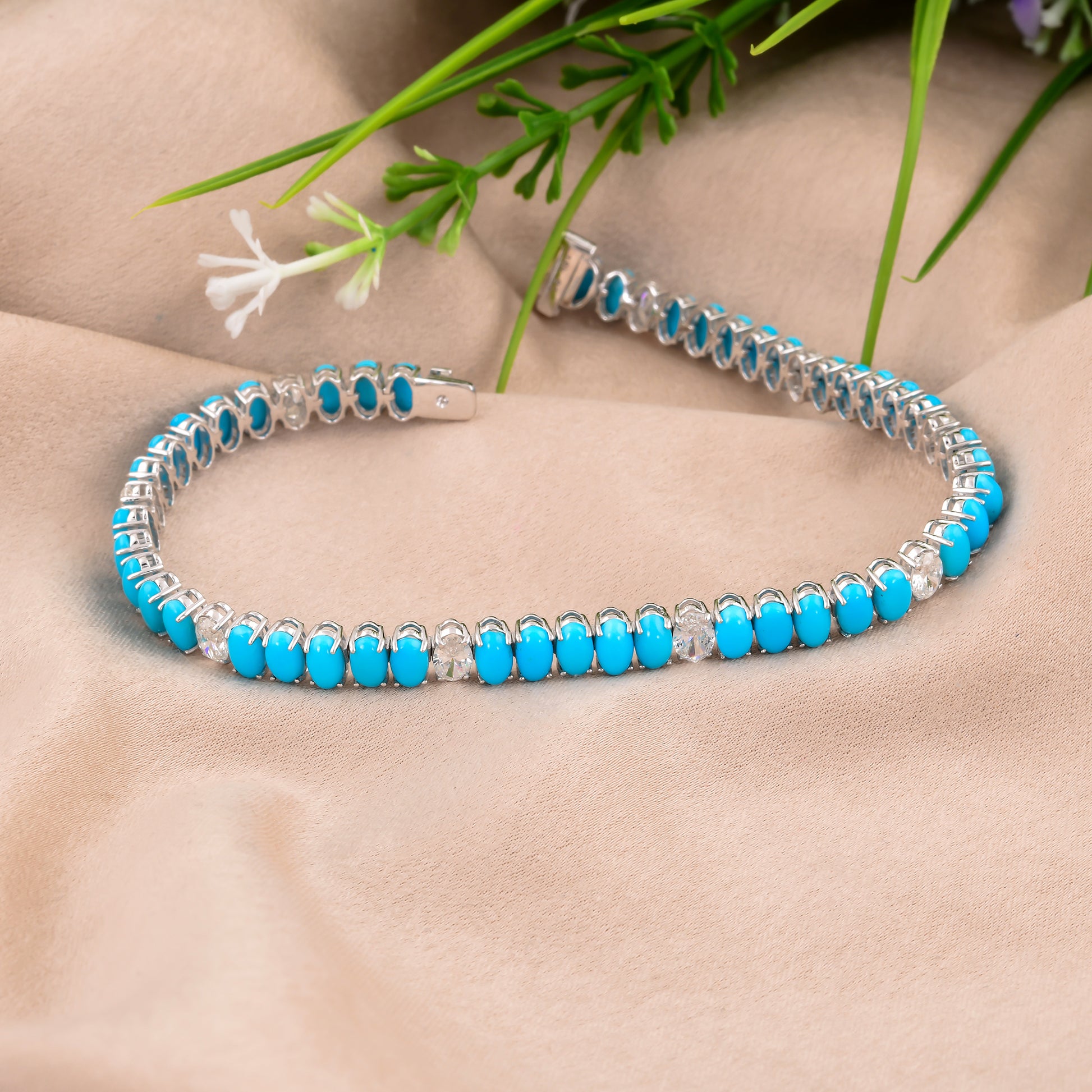 Oval Arizona Turquoise Gemstone Diamond Solid Gold Tennis Bracelet