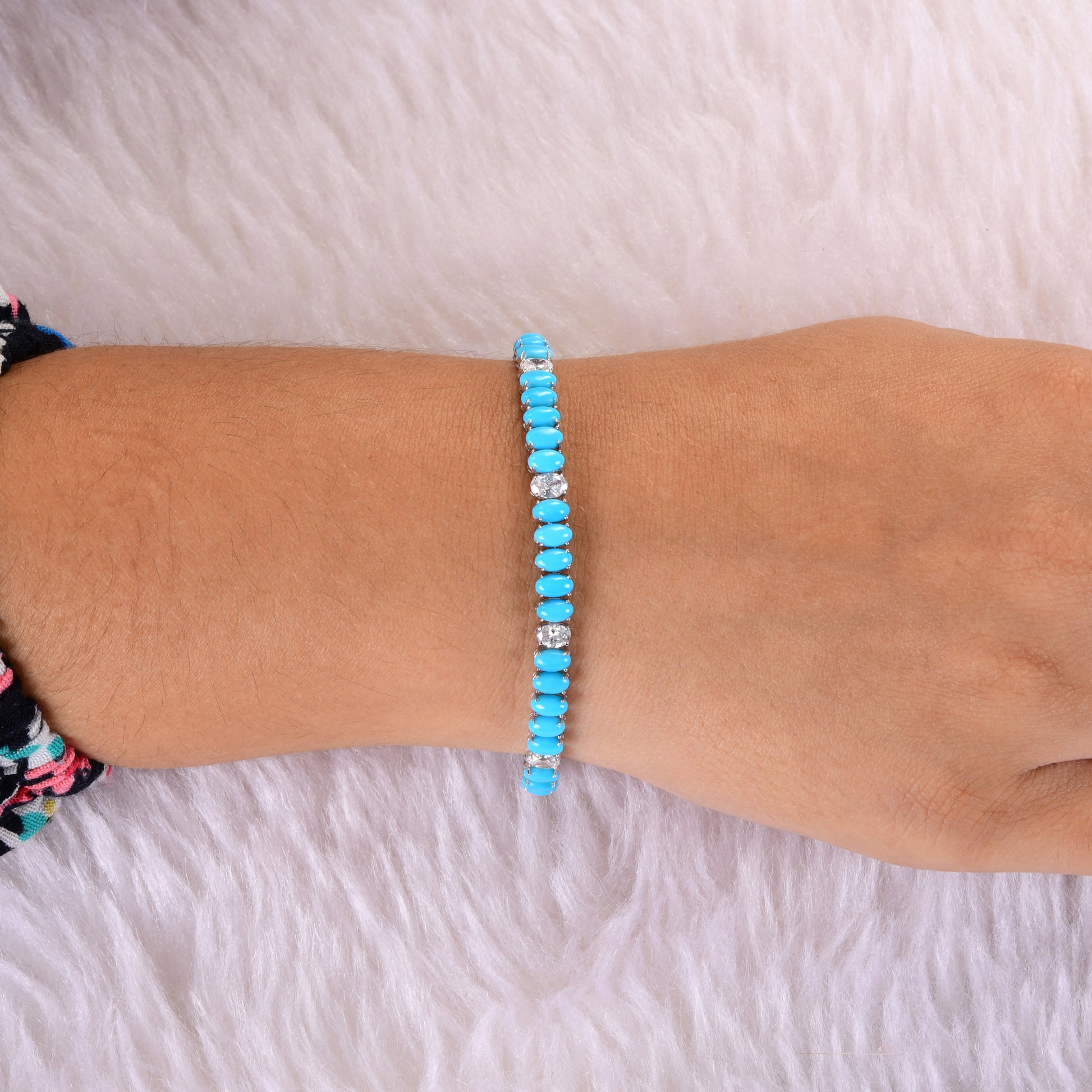 Oval Arizona Turquoise Gemstone Diamond Solid Gold Tennis Bracelet