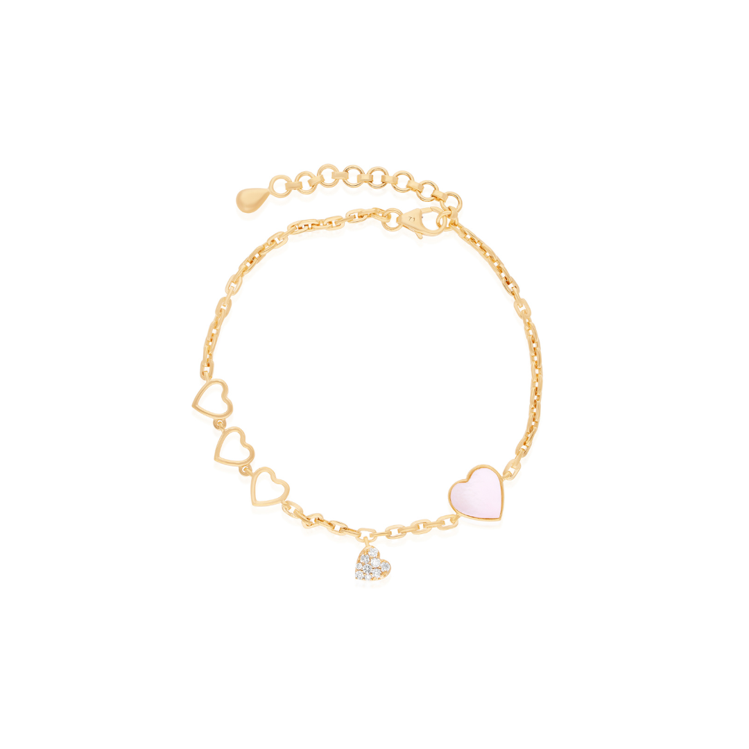 1.11 Tcw Mother of Pearl Natural Diamond Heart Charm Gold Bracelet