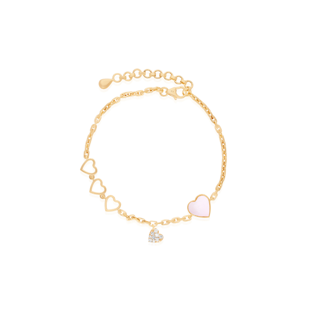 1.11 Tcw Mother of Pearl Natural Diamond Heart Charm Gold Bracelet