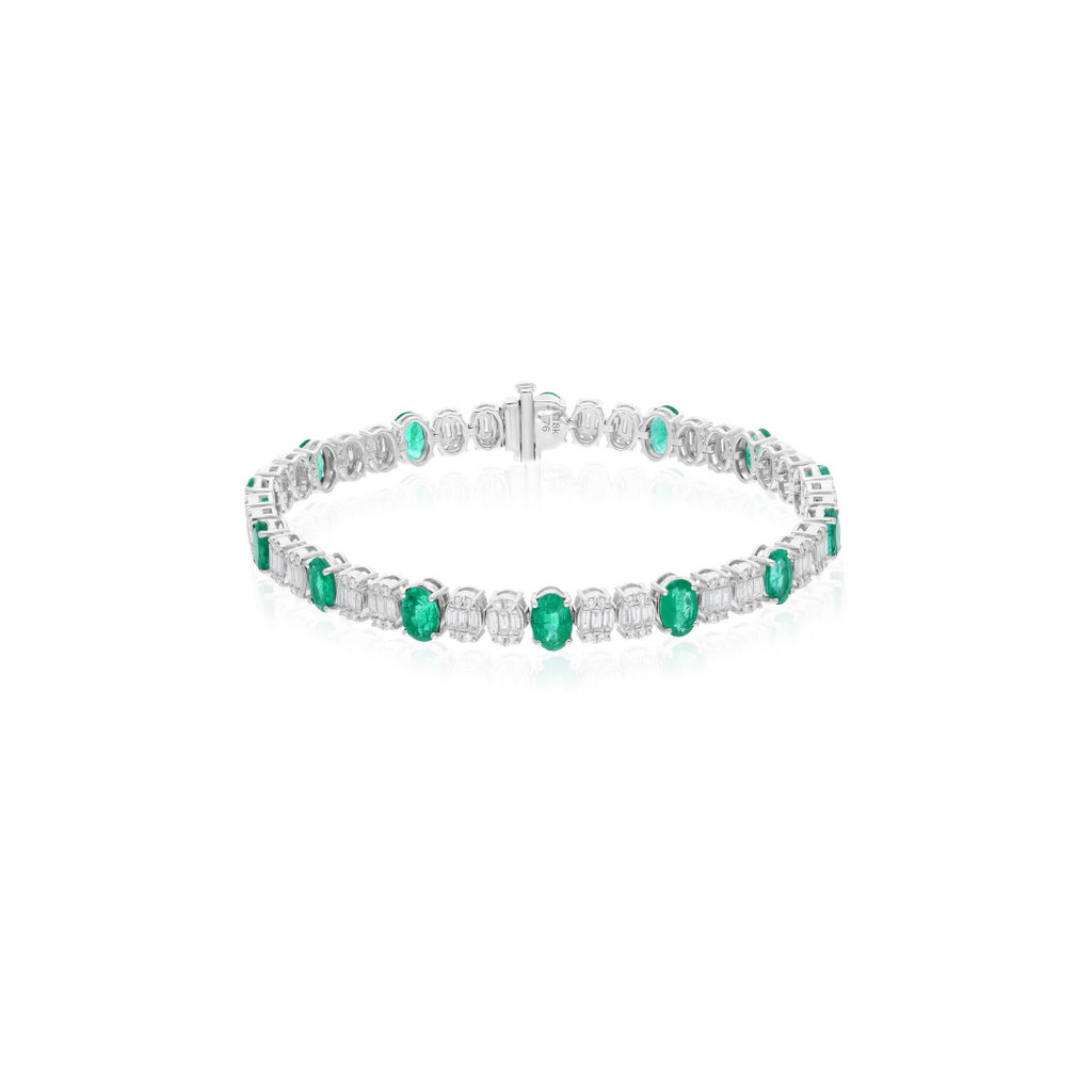 7.94 Tcw Baguette Diamond Zambian Emerald Gemstone Gold Tennis Bracelet