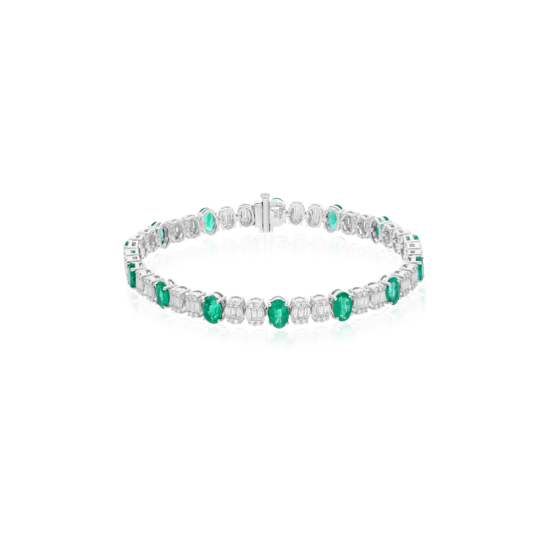 7.94 Tcw Baguette Diamond Zambian Emerald Gemstone Gold Tennis Bracelet