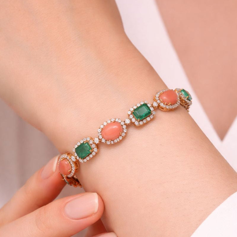 Natural Coral Zambian Emerald Diamond Gold Bracelet