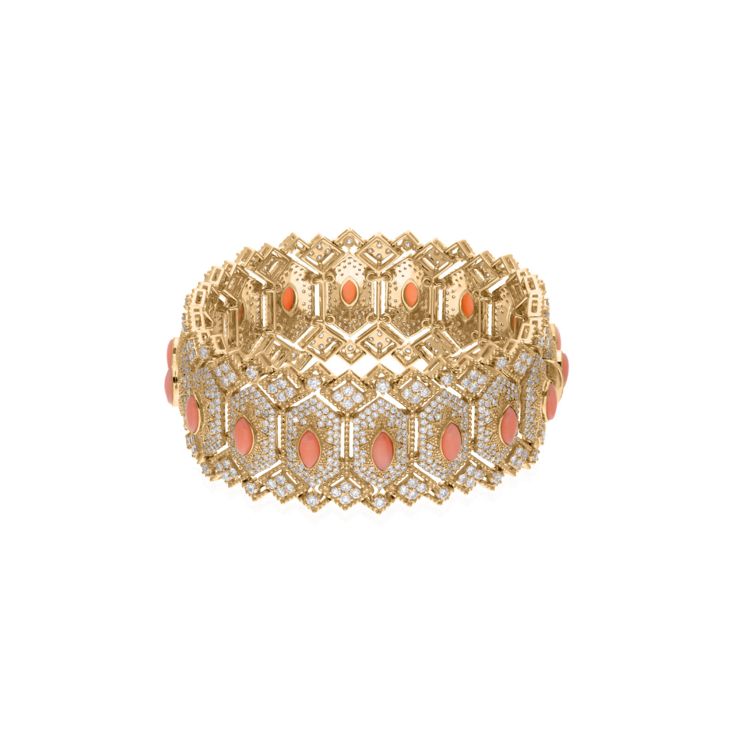 Exquisite Coral Gemstone and Natural Diamond Statement Bracelet